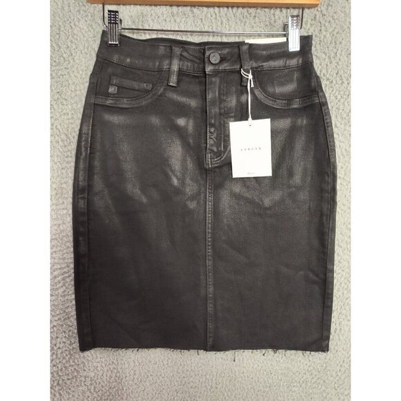 Kancan Skirt Womens Small Max Black Coated Jean Pencil Mini 5 Pocket NEW - Picture 1 of 10